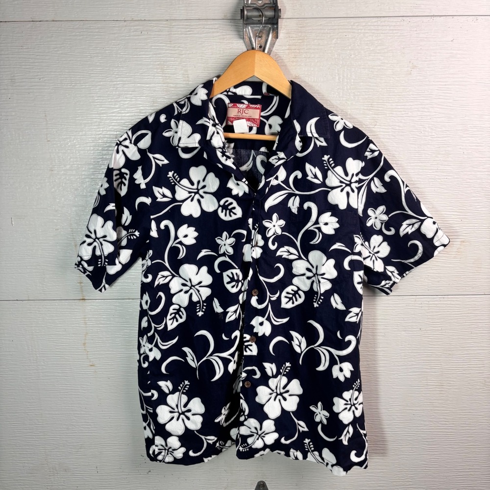 RJC Made in Hawaii Navy White Hibiscus Hawaiian Aloha Shirt Large